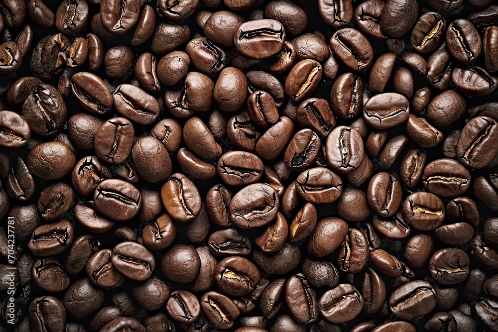 Naklejka premium Energetic macro view of dark coffee beans forming beautiful background with mocha undertones representing aromatic awakening of breakfast energies in gourmet coffee composition