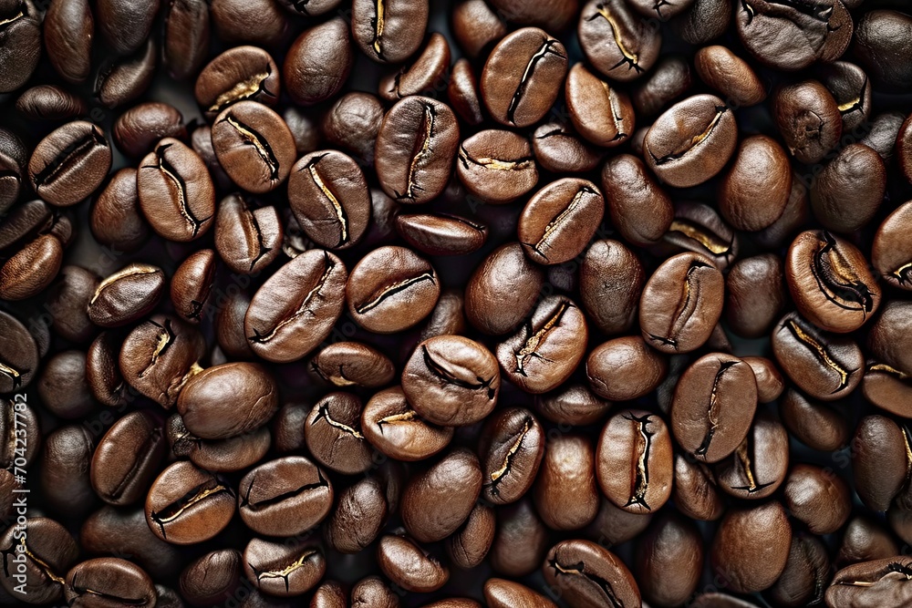 Fototapeta premium Energetic macro view of dark coffee beans forming beautiful background with mocha undertones representing aromatic awakening of breakfast energies in gourmet coffee composition