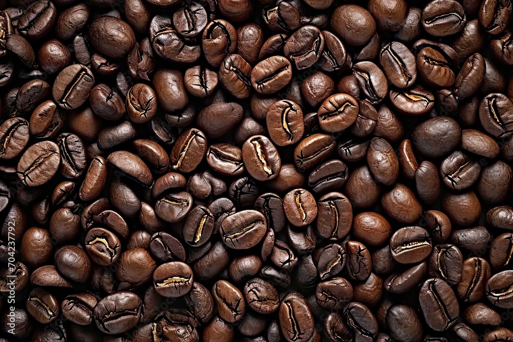 Naklejka premium Energetic macro view of dark coffee beans forming beautiful background with mocha undertones representing aromatic awakening of breakfast energies in gourmet coffee composition