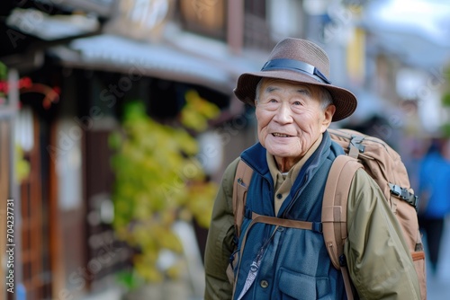 Elderly Asian man enjoying a leisurely stroll through a historical village
