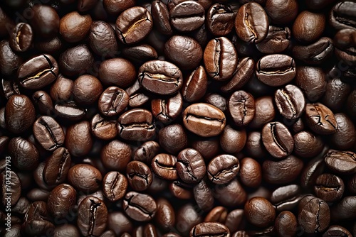 Energetic macro view of dark coffee beans forming beautiful background with mocha undertones representing aromatic awakening of breakfast energies in gourmet coffee composition photo