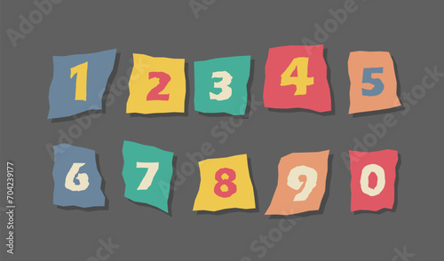 Collage newspaper alphabet. Criminal numbers cut from newspapers and magazines. Anonymous or detective font. Vector illustration in retro style.