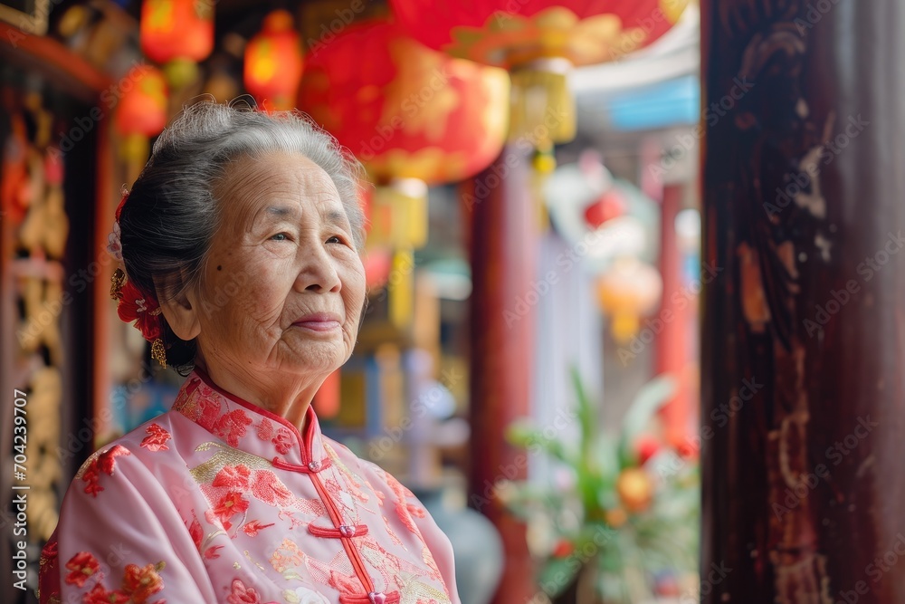 Elderly Asian Woman in Traditional Dress at a Temple