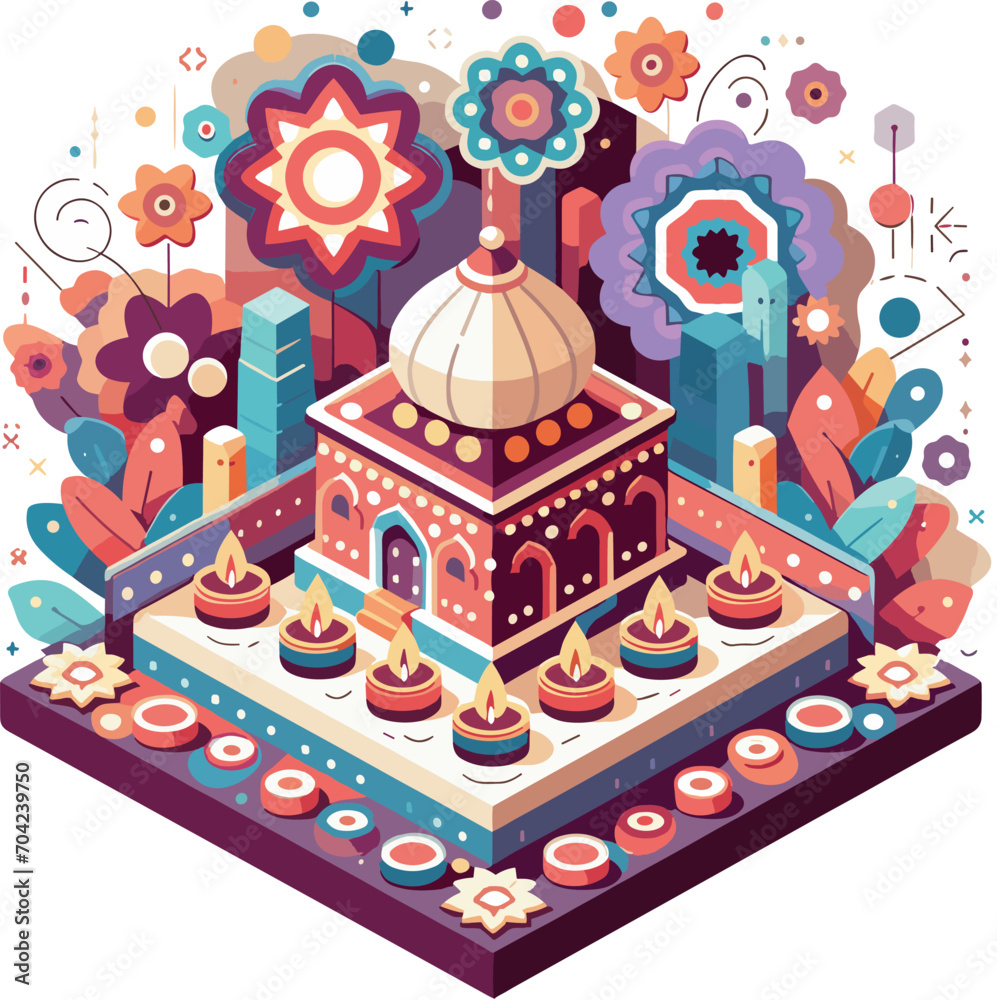 illustration of diwali celebration assets in full color with white flies