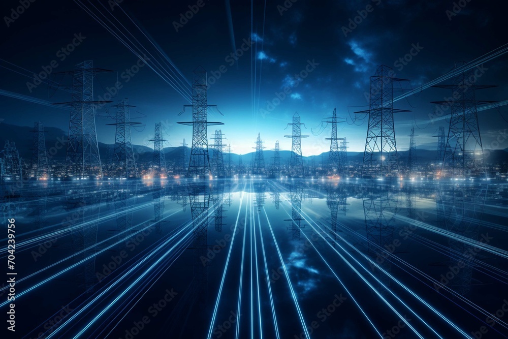 Beautiful abstract technology graphic of power lines and Hight voltage towers for energy transmission at dark blue night, technical architecture concept