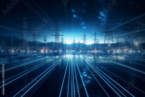 Beautiful abstract technology graphic of power lines and Hight voltage towers for energy transmission at dark blue night, technical architecture concept