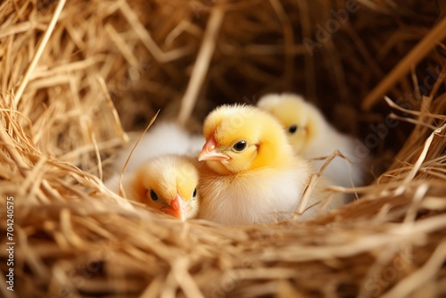 Chicken hatching eggs in straw nest in chicken coop. Agriculture and farming concept © Areesha