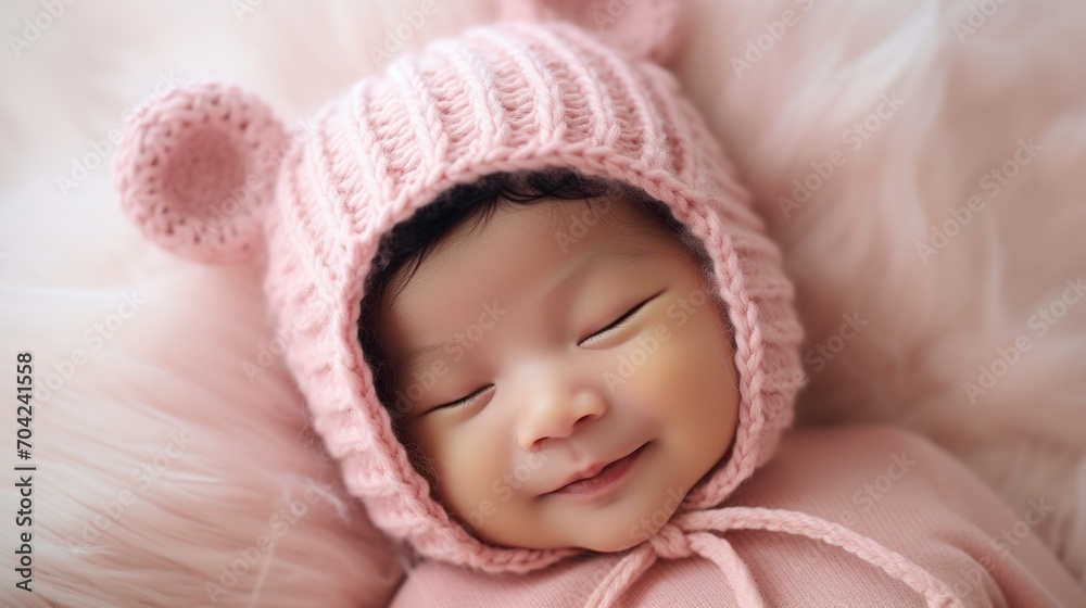 Close-up of sleeping smiling newborn Asian baby girl in pink knitted bear hat. Studio professional portrait, photo shoot. New life, family and multi ethnic children concepts. Close-up of sleeping smiling newborn Asian baby girl in pink knitted bear hat. Studio professional portrait, photo shoot. New life, family and multi ethnic children concepts.