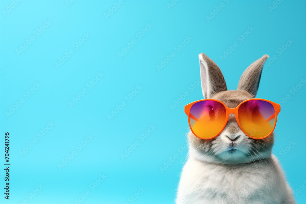  Looking in camera Easter Bunny rabbit in sunglasses on a blue plain studio background with empty space place for text, copy paste. Spring holiday celebration concept