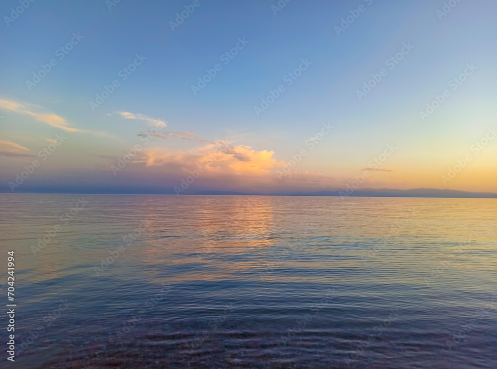 Mountain lake, clean transparent water. Coastline. Kyrgyzstan, Lake Issyk-Kul. natural background. Landscape