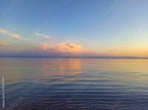 Mountain lake  clean transparent water. Coastline. Kyrgyzstan  Lake Issyk-Kul. natural background. Landscape