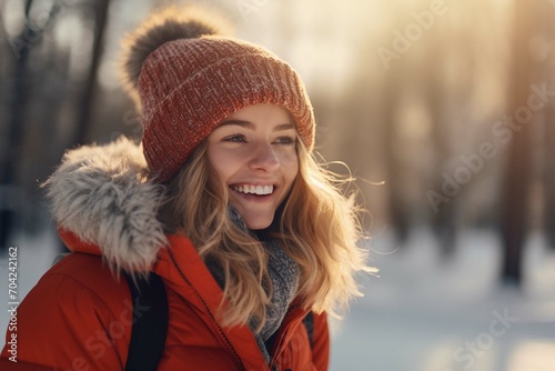 Happy young woman in a warm jacket walking in a snowy park or forest. Winter activities and sport.