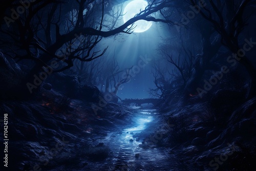Haunted forest in full moon night with spooky fog and lights, dark blue nature fantasy background for halloween, moonshine party or lantern festival