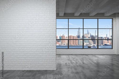 Midtown New York City Manhattan Skyline Buildings High Rise Window. Beautiful Expensive Real Estate. Empty room Interior Skyscrapers View Cityscape. Day time. East side. Mock up wall. 3d rendering.