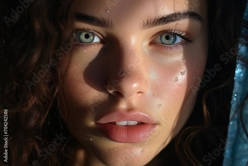 Close-up portrait of a beautiful young woman with green eyes and wet skin