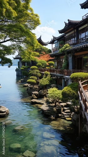Lakefront Japanese-style house with lush garden