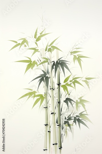 Green bamboo stalks with leaves in a traditional Chinese ink painting style