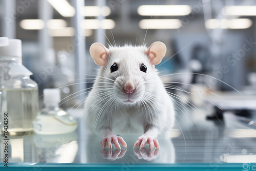 Small white laboratory mouse with dark eyes in on metal lab office looking in camera. Awareness and healthcare, medicine development, forbidden tests on animals concept.