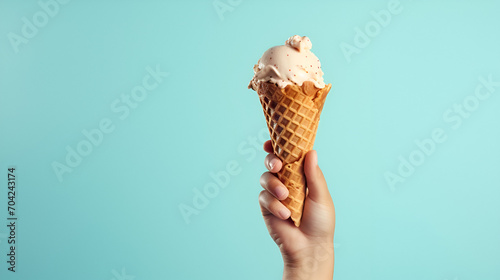 Tasty vanilla ice cream in hand on blue background.copy space . ai generative