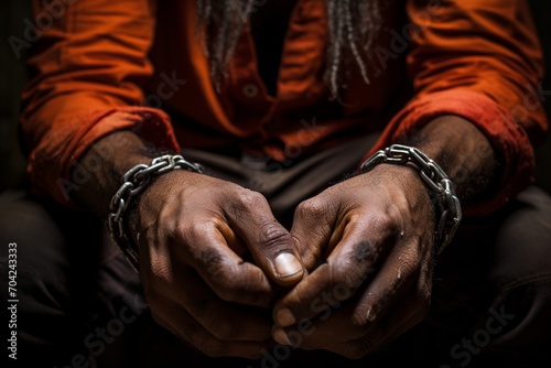 close up on the hands of a black African slave man with chains or handcuffs, concept of slavery