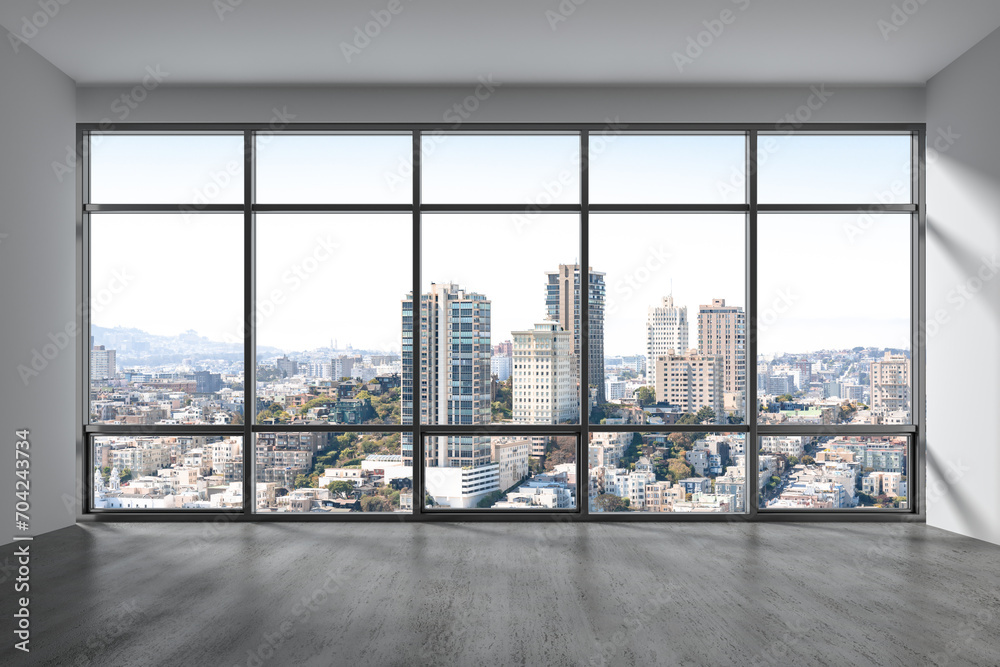 Empty room Interior Skyscrapers View Cityscape. Downtown San Francisco City Skyline Buildings from High Rise Window. Beautiful California Real Estate. Day time. 3d rendering. - obrazy, fototapety, plakaty 