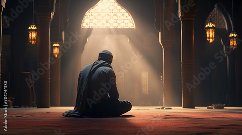 Ramadan Kareem, A Muslim Man Praying In Mosque, Ramadan, Islamic Background, Realistic, Religious Concept, Generative Ai