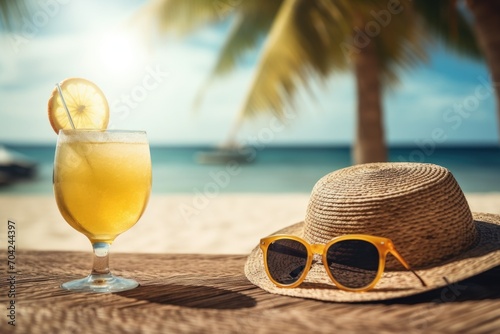 Straw hat, sunglasses and cocktail on beach. Vacation concept
