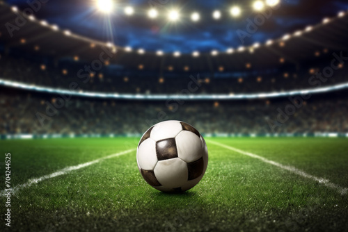 Soccer ball on grass stadium with bright lights for sports clue poster or fryer   © gmBot