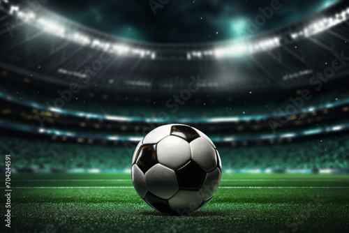 Soccer ball on grass stadium with bright lights, closeup  © gmBot