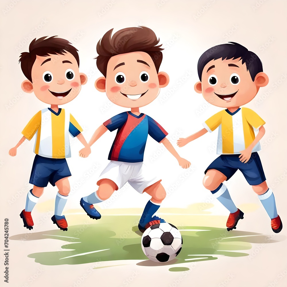 a cute adorable cartoon illustration of soccer kids players,  in watercolor illustration style