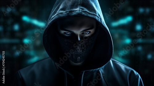 A masked man in a dark hoodie stands in front of a blue circuit board background. photo