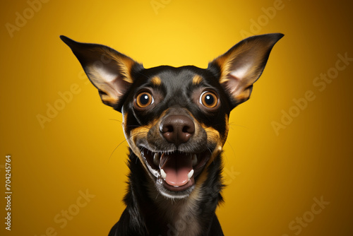 A young dog looks at the camera in surprise on a yellow background. Pet love concept.