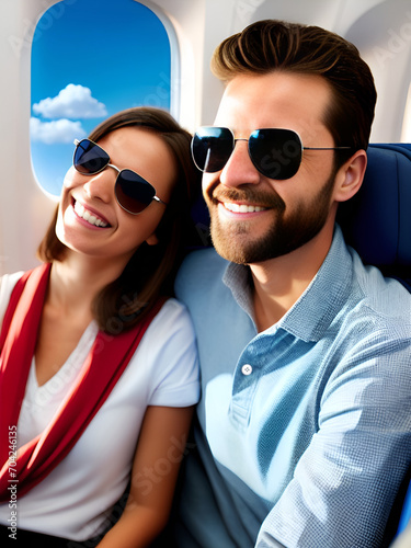 Happy tourist couple sitting on a seat  in an airplane © Natchapon