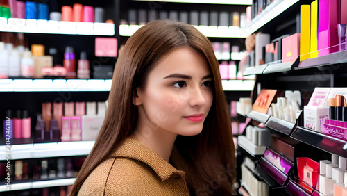 Happy Beautiful woman shopping in a Cosmetic and Beauty Supply Store