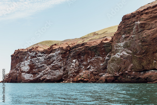 vue sur une falaise en roche rouge avec des fientes d oiseau en bord de mer avec du gazon sur le dessus en   t   lors d une journ  e ensoleill  e