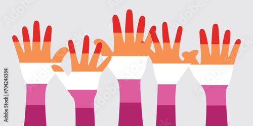 Silhouette of orange, white, and pink colored hands as the colors of the lesbian flag. Flat design illustration.