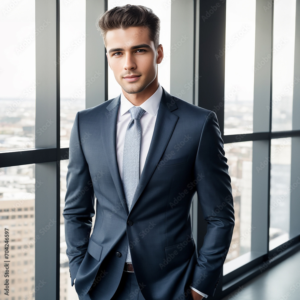 young business man with wearing a suit standing near modern window office young business man with wearing a suit standing near modern window office