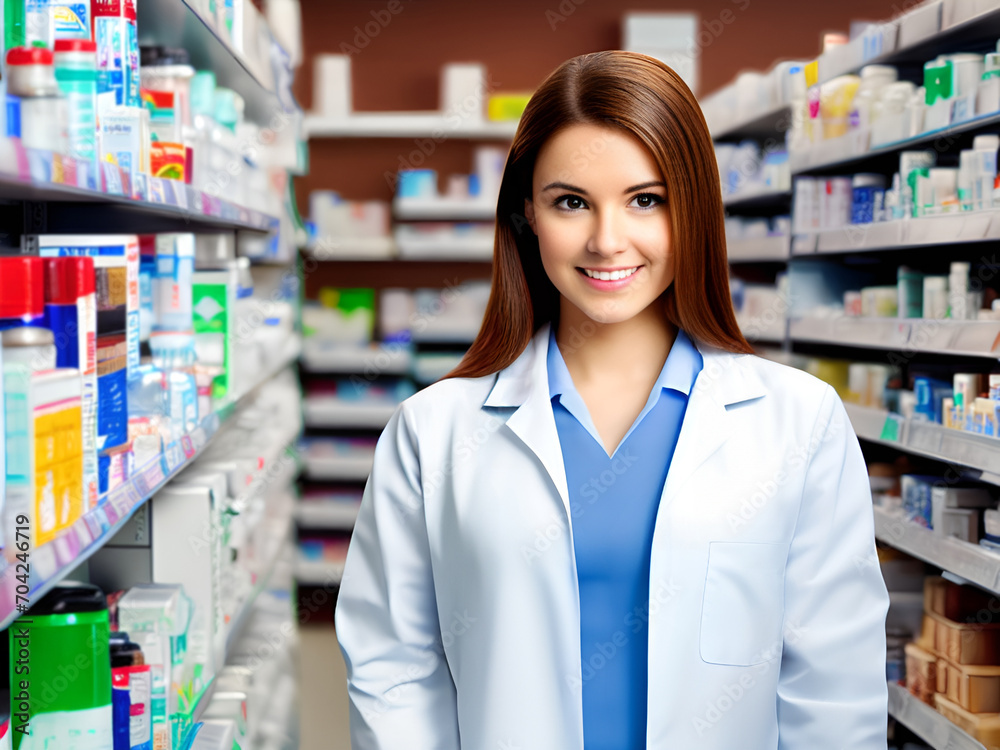 Happy Beautiful pharmacist in a pharmacy shop drug store