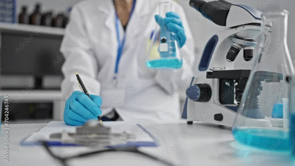 Intriguing glance at the seasoned hands of a senior woman scientist meticulously taking notes in the lab, engrossed in her remarkable test tube experiment Intriguing glance at the seasoned hands of a senior woman scientist meticulously taking notes in the lab, engrossed in her remarkable test tube experiment