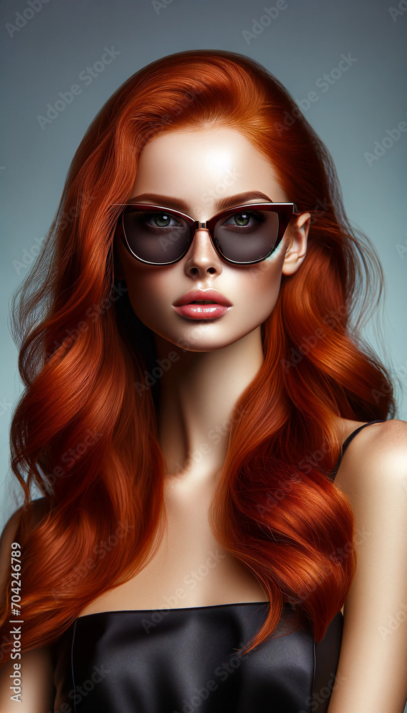 A beautiful portrait of a red-haired girl wearing stylish sunglasses. The portrait should capture her vibrant red hair and fashionable sunglasses. A beautiful portrait of a red-haired girl wearing stylish sunglasses. The portrait should capture her vibrant red hair and fashionable sunglasses.