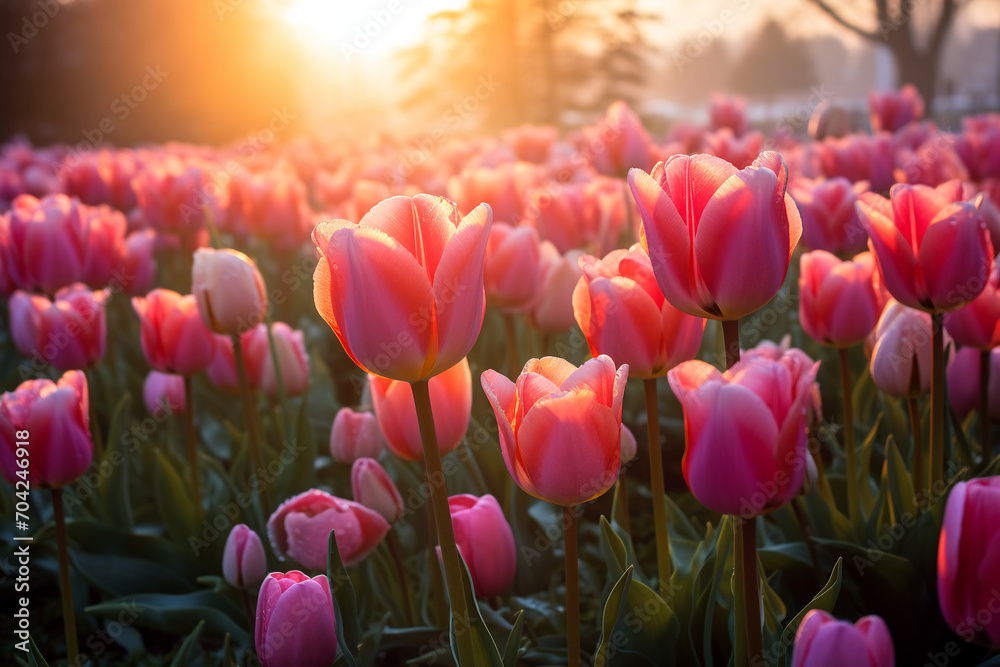 Field of tulips in the morning sun. Hello, Spring! Spring background. Wallpaper. Design.