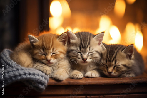 Little kittens sleep near fireplace. Christmas tree. Garlands. New Year`s background. Design.  © Elena