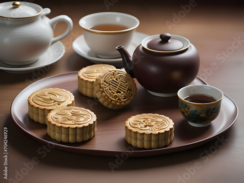 Mooncake traditional Chinese pastry served with tea for Mid Autumn day festival