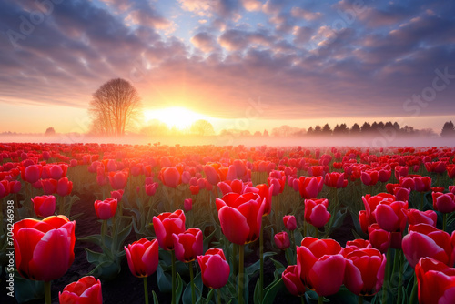 Field of tulips in the morning sun. Hello, Spring! Spring background. Wallpaper. Design. #704246938