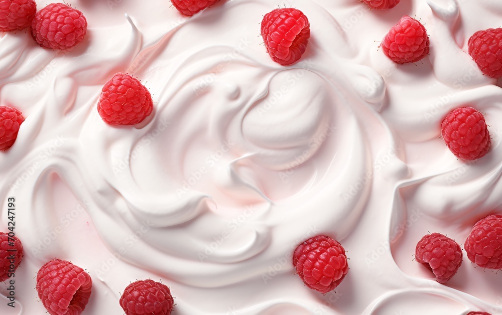 Top View of Fresh Raspberries with Yogurt or Cream. Close-up shot. Top View of Fresh Raspberries with Yogurt or Cream. Close-up shot.