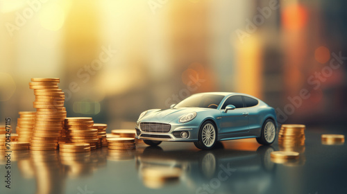 Financial Planning Banner. A Car Model Displayed with Coin Stack, Symbolizing the Concept of Saving Money to Achieve the Goal of Purchasing a Car or Paying Off a Car Loan.