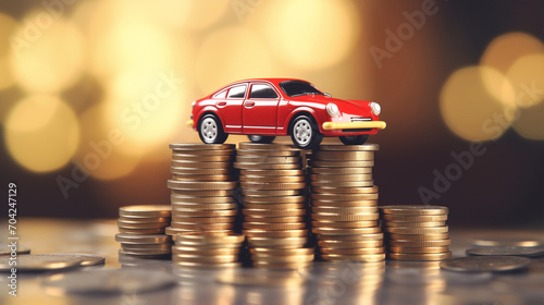 Financial Planning Banner. A Car Model Displayed with Coin Stack, Symbolizing the Concept of Saving Money to Achieve the Goal of Purchasing a Car or Paying Off a Car Loan.