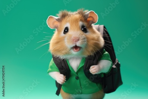 A schoolboy hamster with a backpack on green background. photo