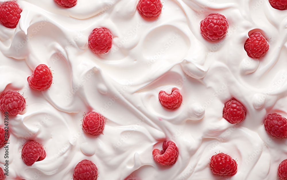 Top View of Fresh Raspberries with Yogurt or Cream. Close-up shot. Top View of Fresh Raspberries with Yogurt or Cream. Close-up shot.