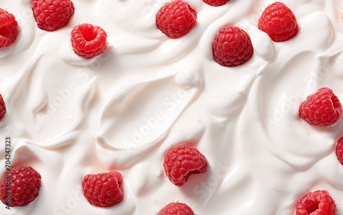 Top View of Fresh Raspberries with Yogurt or Cream. Close-up shot.